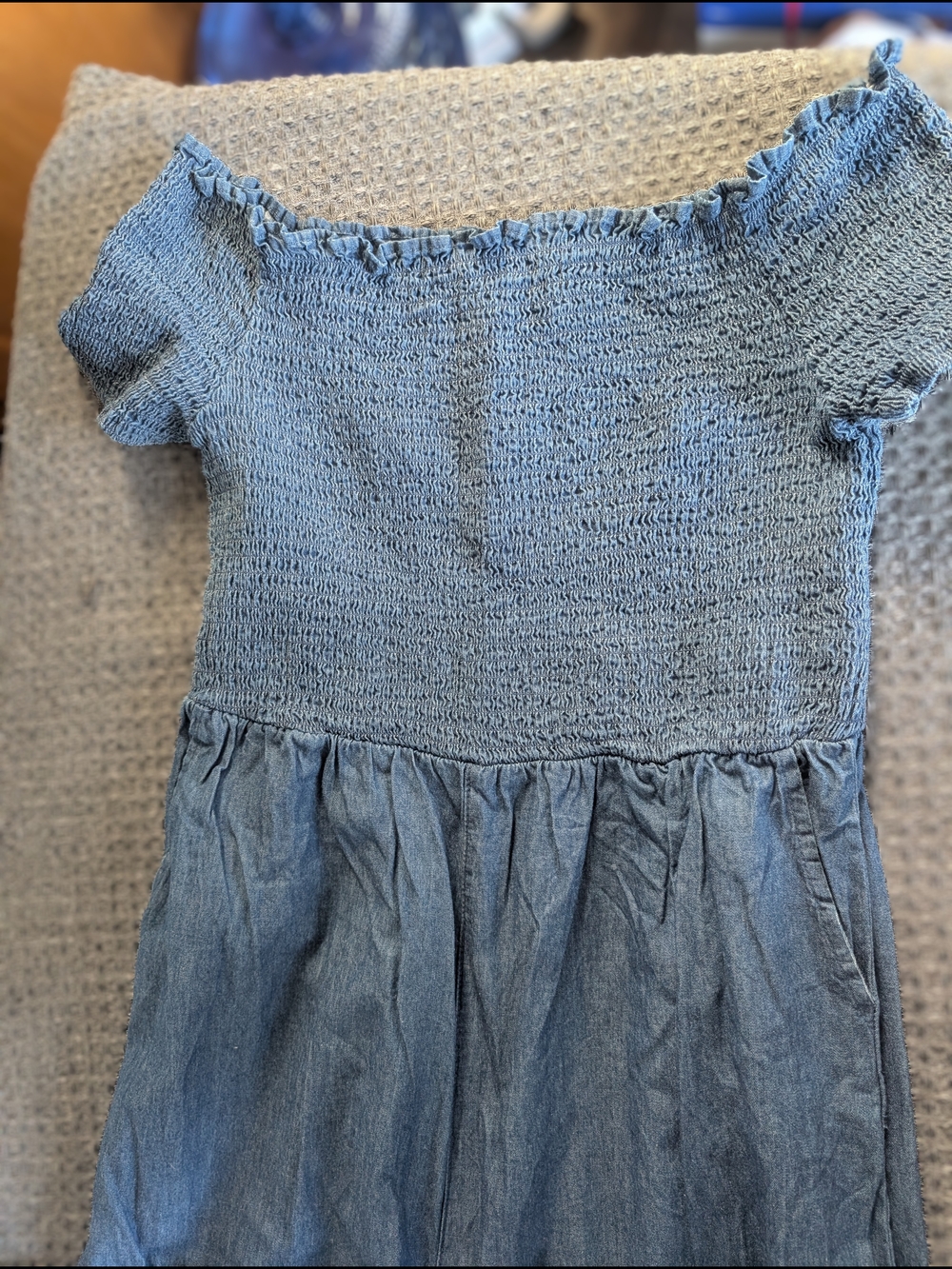 Blue Rain Denim-Style Smocked Jumpsuit in Dark Blue - Picture 3 of 4